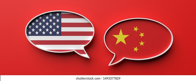 Trade War, China And US Communication. Chinese And American Flag Speech Bubbles Against Red Background, Banner. 3d Illustration