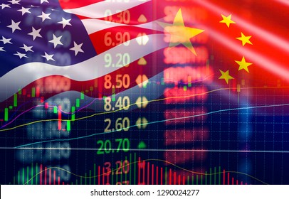 Trade War Economy USA America And China Flag Candlestick Graph Stock Market Exchange Analysis / Indicator Trading Graph Chart Business Finance Money Investment On Display Board