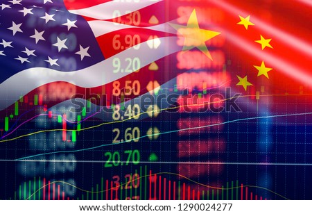 Trade war economy USA America and China flag candlestick graph Stock market exchange analysis / indicator Trading graph chart business finance money investment on display board Stock photo © 
