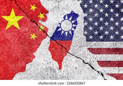 Trade War. Flag Of The People's Republic Of China. Flag Of The United States. Taiwan Flag, 3d Illustration