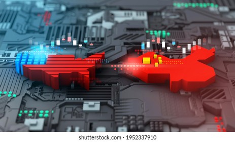 Trade War Of Technology Sector Stocks Market Between America (USA)  And China Concept, 3d Rendering