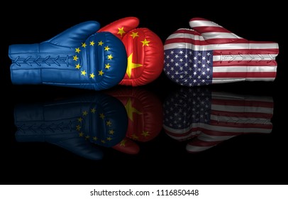 Trade War Usa China Eu Us European Union Tariff Duty 3d Rendering Boxing Glove Sign Isolated On Black Background