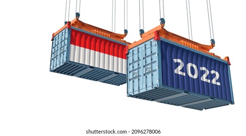 Trading 2022. Freight container with Indonesia national flag. 3D Rendering 