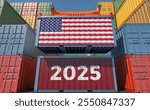 Trading 2025. Freight container with USA national flag. 3D Rendering 