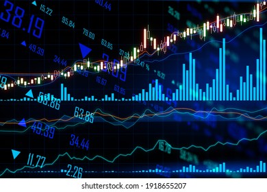 Trading Concept With Stock Market Graphs, Financial Diagram And Line Charts At Abstract Dark Background. 3D Rendering