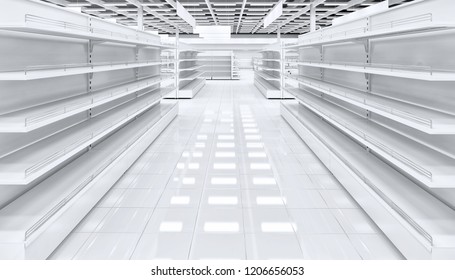 The Trading Floor Of The Supermarket With Shelf Shelves. 3d Illustration