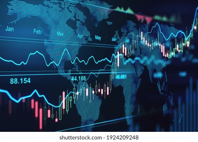 Trading market concept with financial graphs, glowing lines and diagram on digital screen at world map background. 3D rendering