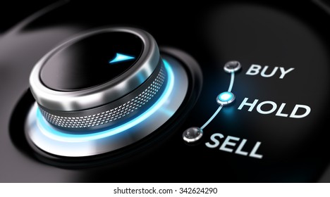 Trading platform concept with selector knob positioned on the word hold over black background and blue light. Concept image for illustration of stock market orders and simplicity.