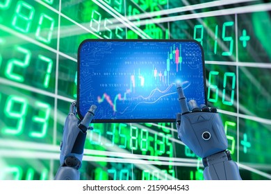 Trading Robot Concept With 3d Rendering Ai Robot With Digital Tablet Display Candle Stick Graph