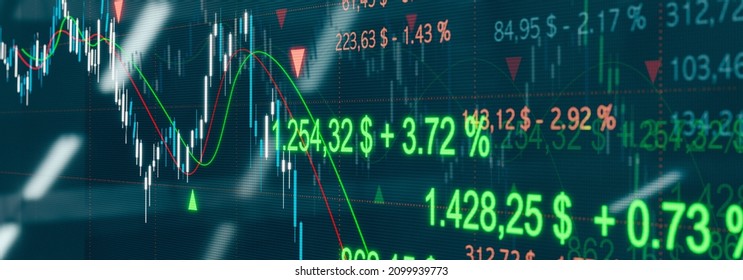 Trading Screen From The Stock Exchange With Candlestick Chart, Prices, Index Quotes And Index Moving Average Lines. Some Reflections On The Monitor. 3D Illustration