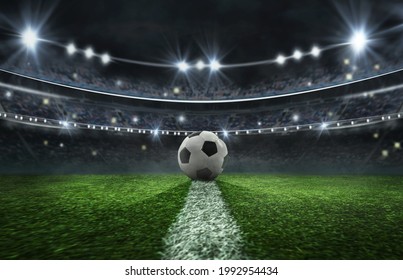  Tradition soccer ball illuminated by stadium lights - 3D Illustration - Powered by Shutterstock