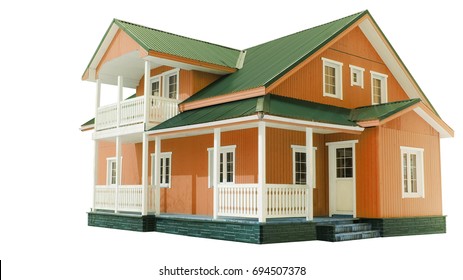 Traditional American Wooden Orange House With Green Roof On A White Background