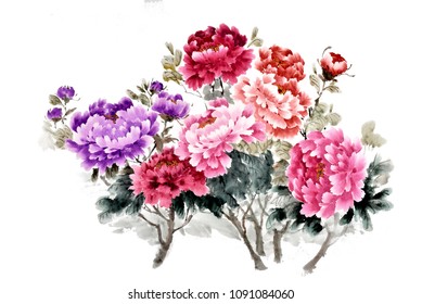The traditional ancient Chinese hand    painted peony flowers

