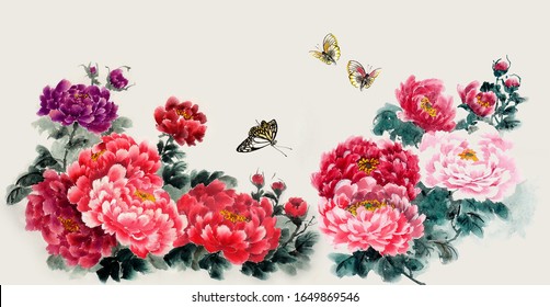 The traditional ancient Chinese hand - painted peony flowers Meaning: wealth and noble    