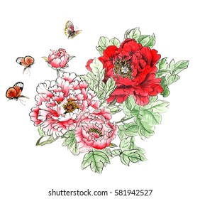 The traditional ancient Chinese hand - painted peony flowers