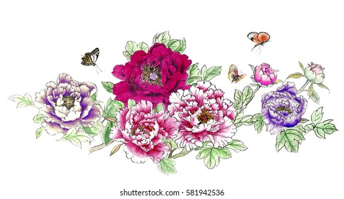 The traditional ancient Chinese hand - painted peony flowers