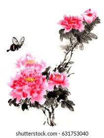 Traditional Ancient Chinese Hand Painted Peony Stock Illustration ...