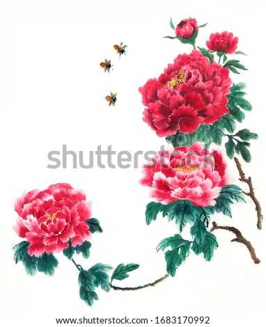 The traditional ancient Chinese hand - painted peony flowers Meaning: wealth and noble    