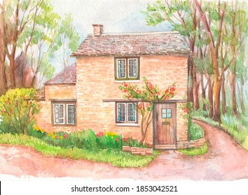 Traditional Authentic English Cottage Painted With Watercolor Paint On Paper.