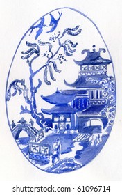 Traditional Blue and White Willow Pattern Design in an Oval Shape.
