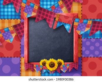 Traditional Brazil June Festival on a Yellow background with colored flags. Festa de sao Joao. 3D Illustration.