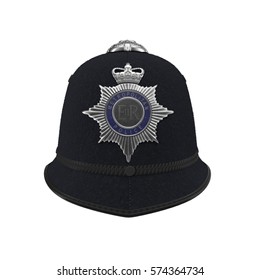 Traditional British Police Helmet Isolated On White. Front View. 3D Illustration