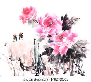 Traditional chinese ink and wash painting of peony flower with two birds