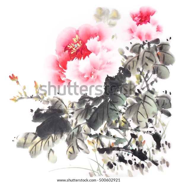 伝統的な中国の水墨と水墨画 牡丹花 のイラスト素材