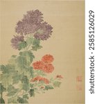 Traditional Chinese painting of chrysanthemums with purple and red flowers. Delicate floral art, showcasing intricate chrysanthemum details and vibrant colors. Vintage floral illustration.