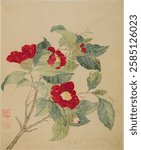 Traditional Chinese painting of red camellia flowers and green leaves on a branch. Elegant floral art showcasing nature