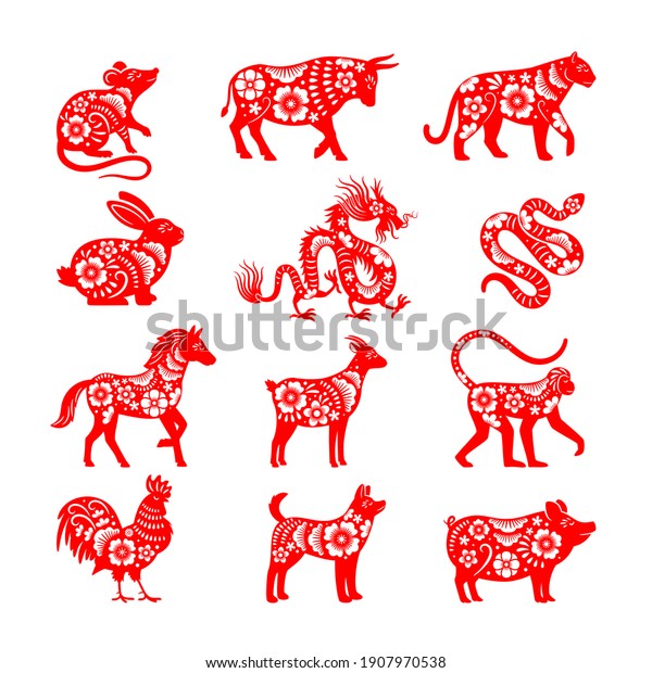 Traditional\
chinese zodiac illustrations. china horoscope animal symbols, bull\
and mouse, pig and dragon s for\
papercut