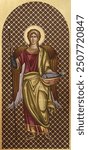 Traditional Christian icon of Raphael archangel. Antique illustration in Greek style