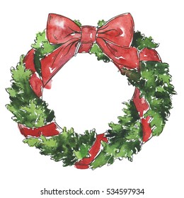 Traditional Christmas Pine Tree Wreath With Red Ribbon. Cartoon Watercolor And Ink Sketch. Hand Drawn Illustration.