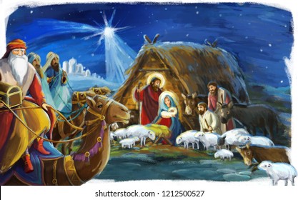 traditional christmas scene with holy family and three kings