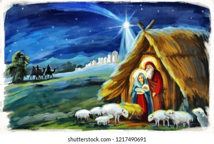 Traditional Christmas Scene Holy Family Different Stock Illustration ...