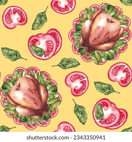 Traditional Christmas or thanksgiving roasted turkey, garnished with fresh tomatoes and herbs, Hand drawn watercolor illustration. - Powered by Shutterstock