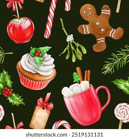 Traditional Christmas treats seamless pattern bright decor element. Watercolor vintage style illustration. Hand drawn traditional winter dessert cupcake, gingerbread man, candy cane, hot chocolate - Powered by Shutterstock