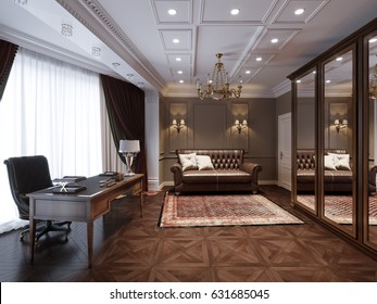 Traditional Classic Home Office Interior Design. 3d Rendering