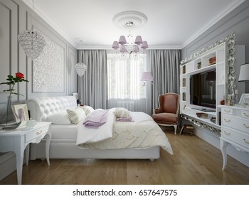 Traditional Classic Modern Bedroom Interior Design with white furniture, gray moldings and walls. 3d rendering