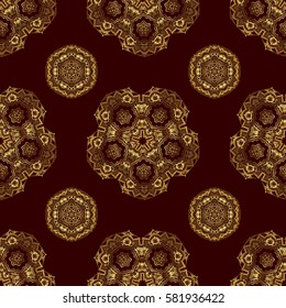Traditional classic ornament on a brown background. Oriental golden seamless pattern with arabesques and floral elements.