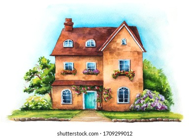 Download Cottage House Garden Watercolor High Res Stock Images Shutterstock