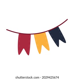 Traditional flags in autumn colors for Thanksgiving, Halloween, harvest day, village fair, holiday parade. Cartoon flat element, item, object for design of advertising banners, invitations, cards.