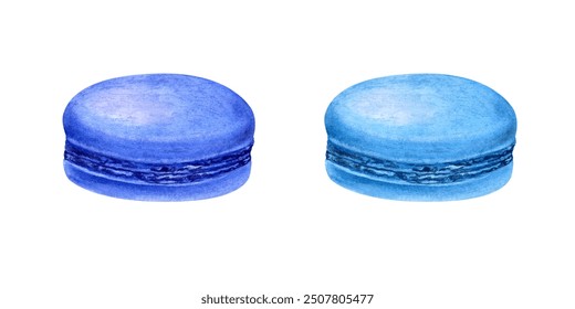 Traditional French macarons. Blue almond cookies, macaroon cake. Sweet berry, fruit dessert. Delicious sweetness with cream. Watercolor illustration for package, menu, recipe, label, gift box - Powered by Shutterstock