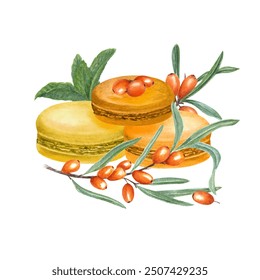 Traditional French macarons. Orange almond cookies, macaroon cake. Sea buckthorn macaroons. Sweet berry, fruit dessert. Watercolor illustration. For package, menu, recipe - Powered by Shutterstock