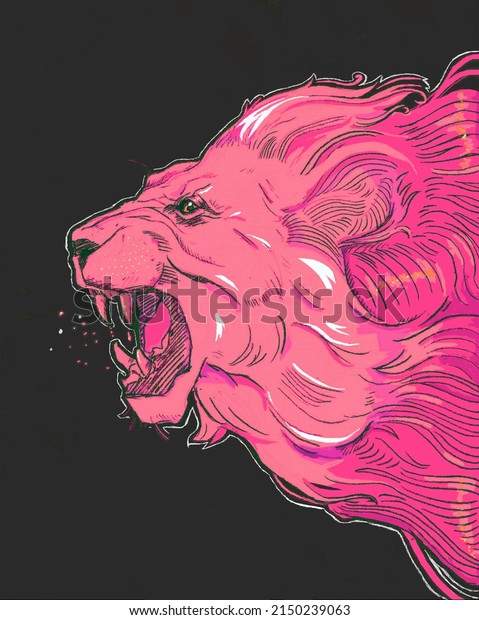 Traditional illustration of a bright pink lion.