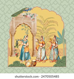 Traditional Illustration of a Mughal Queen and Her Maids Celebrating a Wedding Procession, peacock with garden art for wallpaper - Powered by Shutterstock