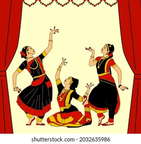 Traditional indian classical dance form ( bharatanatyam ) is performed by a group of dancers.