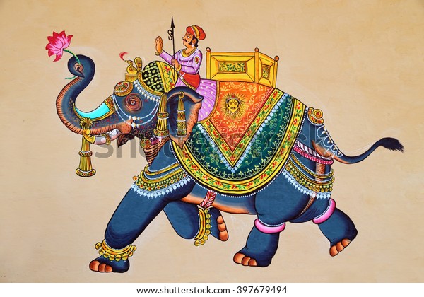 Traditional Indian or Rajasthani wall painting of elephant with jockey.
