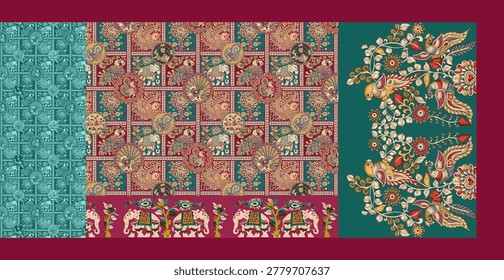 Traditional Indian saree textile pattern collection with colorful patchwork, floral motifs, paisley borders, ethnic digital print, vintage fabric texture, boho ornamental design, festive seamless sari artwork set.