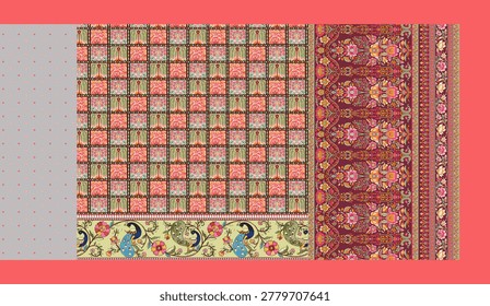 Traditional Indian saree textile pattern collection with colorful patchwork, floral motifs, paisley borders, ethnic digital print, vintage fabric texture, boho ornamental design, festive seamless sari artwork set.